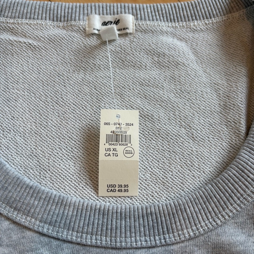 AERIE Seams Right Cropped Short Sleeve Sweatshirt Scoop Neck Grey Soft Size XL - Picture 5 of 7